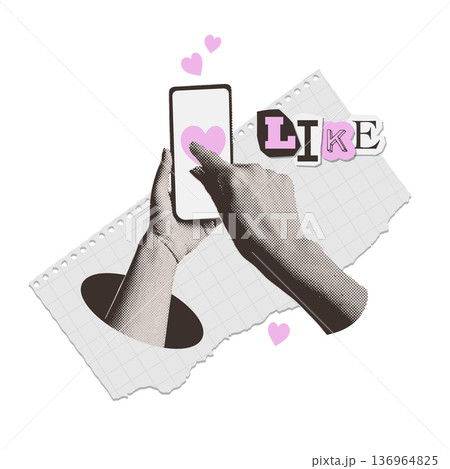Mixed-media collage with halftone hands holding smartphone showing heart reaction and LIKE sticker on torn paper. Scrapbook blogger concept for social networks, content creation, influencer ads.Vector Mixed-media collage with halftone hands holding smartphone showing heart reaction and LIKE sticker on torn paper. Scrapbook blogger concept for social networks, content creation, influencer ads.Vector 136964825