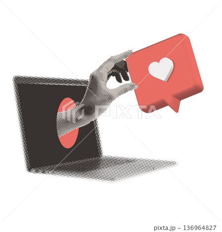 Surreal pop art collage of halftone hand emerging from laptop screen holding a 3D heart like icon. Bold metaphor for digital engagement, online influence and social media blogging content. Vector 136964827