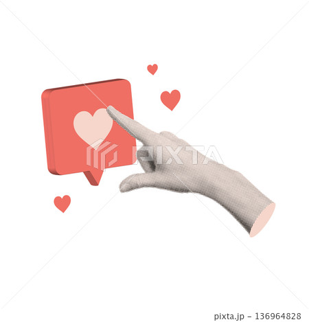 Halftone hand reaching for a 3D red notification heart in pop art collage style. Trendy social media concept for blogger engagement, like campaigns, viral content and digital marketing visuals. Vector 136964828