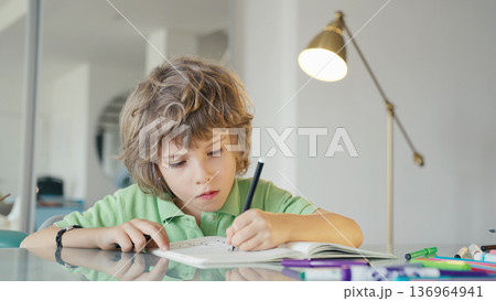 Portrait of Young Boy Artist Drawing in Sketchbook with Passion and Focus 136964941