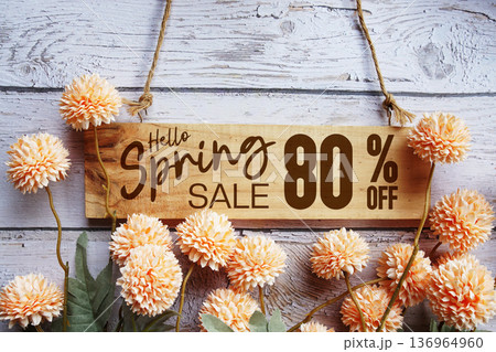 Spring Sale 80% off with flower bouquet decoration on wooden background Spring Sale 80% off with flower bouquet decoration on wooden background 136964960