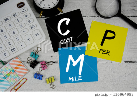 CPM Cost Per Mile text phrase of business and financial concept 136964985