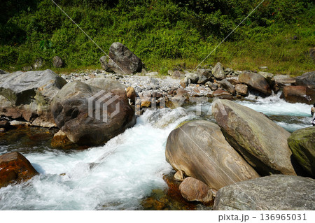 Fast flowing mountain river rushing over large boulders in a lush green valley Fast flowing mountain river rushing over large boulders in a lush green valley 136965031