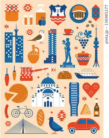 Travel Belgrade Vintage Poster with Serbia Icons Travel Belgrade Vintage Poster with Serbia Icons 136965277