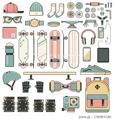 Skateboard Riding Elements and Icons in Line Art 136965280