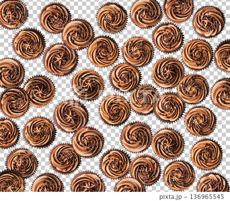 Delicious chocolate cupcakes topped with swirled frosting and chocolate shavings, isolated on white background, concept of dessert 136965545