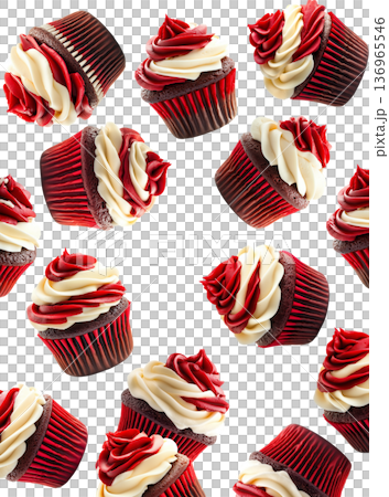 Delicious red velvet cupcakes with red and white frosting, isolated on white background, dessert pattern concept 136965546