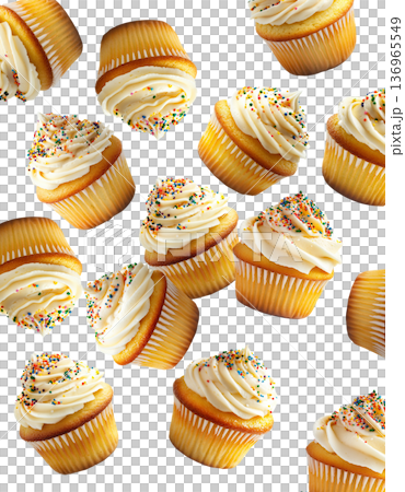 Vanilla cupcakes with creamy frosting and colorful sprinkles, isolated on white background. Concept of sweet dessert treats 136965549