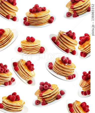 Multiple stacks of pancakes topped with fresh raspberries on ceramic plates, isolated on white background, concept of breakfast 136965552