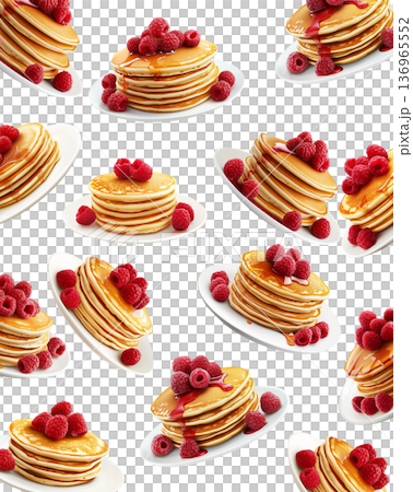 Multiple stacks of pancakes topped with fresh raspberries on ceramic plates, isolated on white background, concept of breakfast 136965552