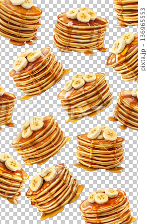 Stacks of banana topped pancakes drizzled with syrup from above plates, on white background, concept of breakfast 136965553