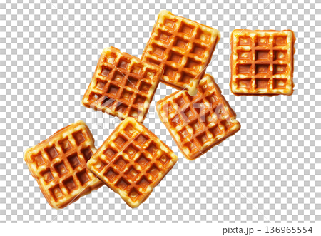 Multiple golden brown square waffles scattered randomly, isolated on white background. Concept of breakfast or snack food Multiple golden brown square waffles scattered randomly, isolated on white background. Concept of breakfast or snack food 136965554