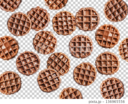 Multiple chocolate covered waffles arranged in a flat lay style isolated on white background, showing a sweet dessert food concept 136965556