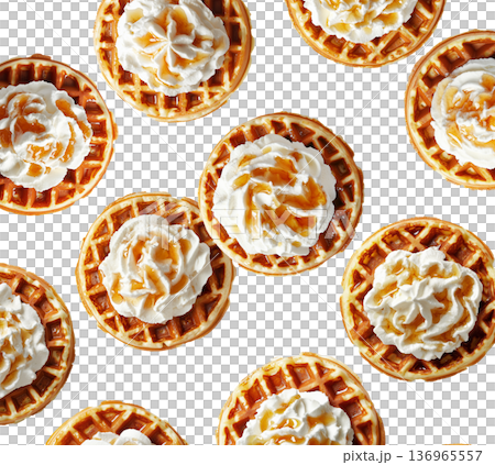 Golden waffles topped with whipped cream and caramel syrup, isolated on white background, concept of sweet breakfast Golden waffles topped with whipped cream and caramel syrup, isolated on white background, concept of sweet breakfast 136965557