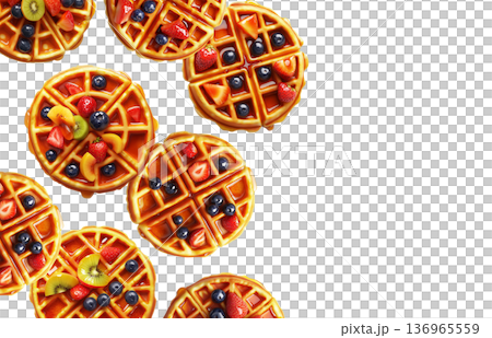 Top view of waffles with mixed fruits isolated on white background, conveying a bright breakfast concept 136965559