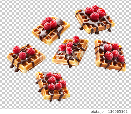 Belgian waffles with raspberries and chocolate isolated on white background as concept of tasty dessert Belgian waffles with raspberries and chocolate isolated on white background as concept of tasty dessert 136965561