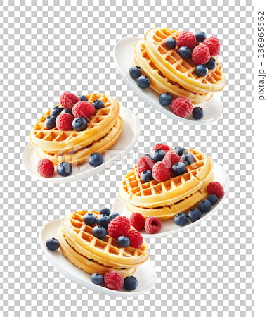 Stacked waffles topped with fresh berries in repeating layout isolated on white background, expressing a breakfast concept 136965562