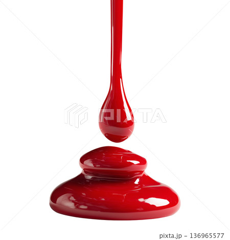 Red glossy nail polish drop suspended above smooth puddle on white background, minimal style concept of fluidity and creativity 136965577