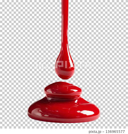 Red glossy nail polish drop suspended above smooth puddle on white background, minimal style concept of fluidity and creativity 136965577