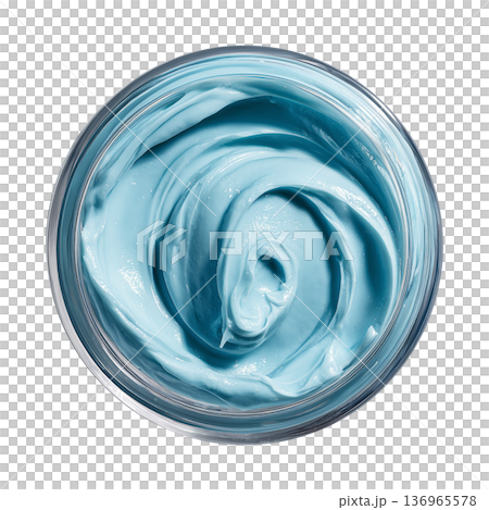 Blue cosmetic cream or butter texture in opened jar from above isolated on white background, concept of skincare hydration 136965578