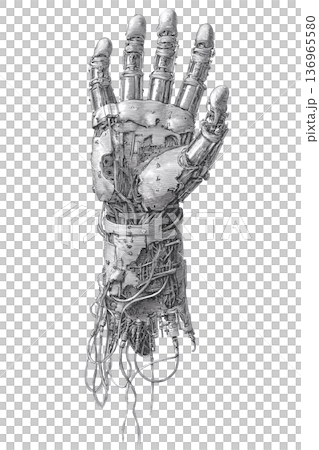 Mechanical cybernetic hand with exposed components in detailed sketch style on white background, concept of advanced robotics Mechanical cybernetic hand with exposed components in detailed sketch style on white background, concept of advanced robotics 136965580