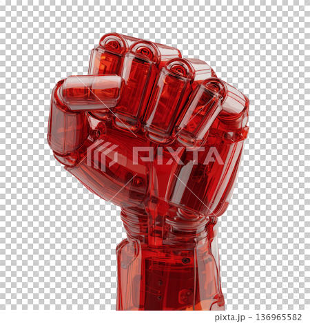 Red transparent mechanical fist shown close-up in glossy style isolated on white background, symbolizing strength and innovation 136965582