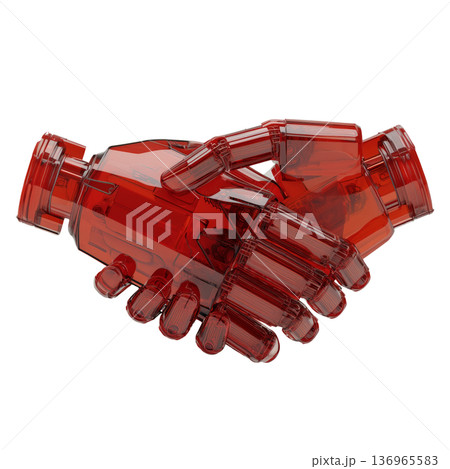 Red transparent robotic hands in handshake style isolated on white background symbolizing cooperation and modern technology 136965583