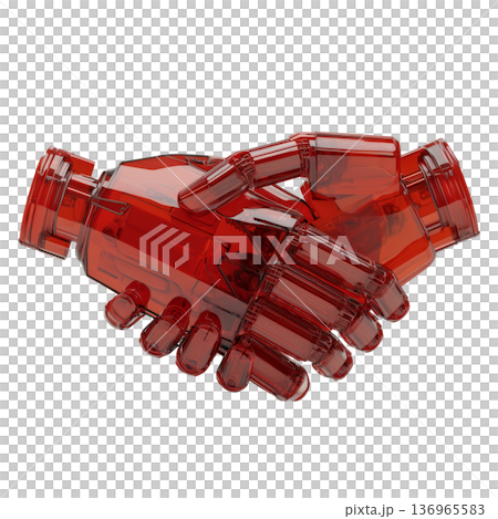 Red transparent robotic hands in handshake style isolated on white background symbolizing cooperation and modern technology 136965583