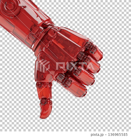 Red transparent robotic hand showing thumbs down in glossy style isolated on white background symbolizing strong disapproval 136965585