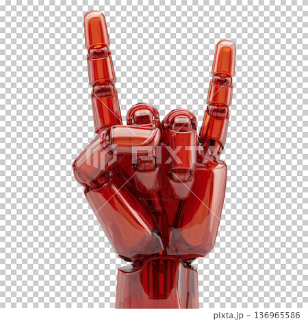 Red translucent robotic hand in rock sign, glossy style isolated on white background, symbolizing energy and bold expression Red translucent robotic hand in rock sign, glossy style isolated on white background, symbolizing energy and bold expression 136965586