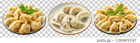 Steamed mandu dumplings placed in circular pattern on ceramic plate, isolated on white transparent background 136965597