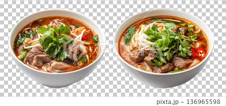 Vietnamese beef noodle soup Bun Bo Hue with herbs, lime slice, and rice noodles in broth isolated on white background 136965598