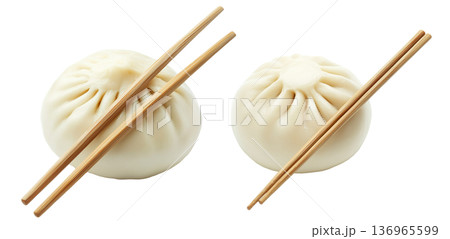 Chinese steamed buns Char Siu Bao filled with savory mushroom pieces isolated on white background Chinese steamed buns Char Siu Bao filled with savory mushroom pieces isolated on white background 136965599