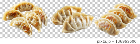 Pan-fried or steamed dumplings Jiaoz with golden crispy bottoms, isolated on white background, concept of Asian cuisine 136965600