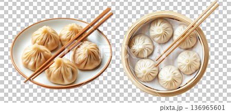 Steamed dumplings Xiao Long Bao in a bamboo steamer isolated on white background, concept of Asian traditional cuisine Steamed dumplings Xiao Long Bao in a bamboo steamer isolated on white background, concept of Asian traditional cuisine 136965601