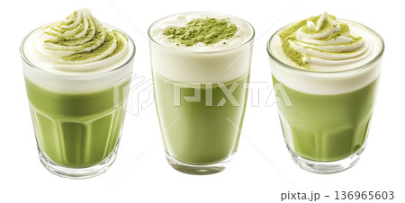 Creamy matcha latte topped with whipped cream and green tea powder in glass, isolated on a white transparent background 136965603