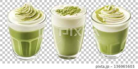 Creamy matcha latte topped with whipped cream and green tea powder in glass, isolated on a white transparent background 136965603