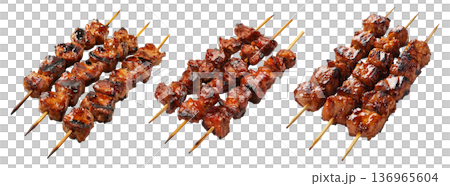 Grilled chicken yakitori skewer with teriyaki glaze or Isaw Filipino street food isolated on white transparent background Grilled chicken yakitori skewer with teriyaki glaze or Isaw Filipino street food isolated on white transparent background 136965604