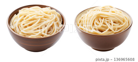 Japanese udon noodles served in light broth, top view and isolated on white background, representing Japanese cuisine 136965608