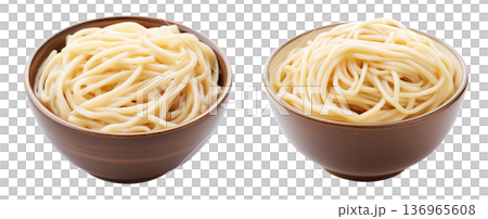 Japanese udon noodles served in light broth, top view and isolated on white background, representing Japanese cuisine 136965608
