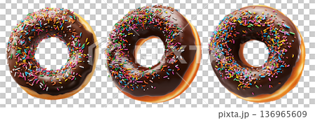 Tasty donut covered in glossy chocolate glaze with vibrant sprinkles isolated on white background. 136965609