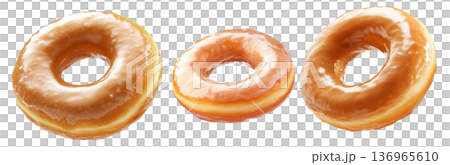 Tasty round donut topped with caramel and vanilla glaze swirl, isolated on white transparent background 136965610