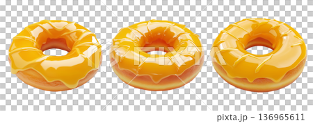 Delicious donut covered in shiny yellow glaze and decorative swirl topping, isolated on white transparent background 136965611