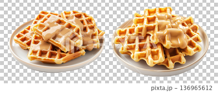 Waffles topped with creamy sauce served on white plate, isolated on white background, concept of sweet breakfast treat 136965612