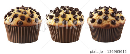 Chocolate chip muffin with golden top and dark wrapper, isolated on white background, concept of sweet food and dessert 136965613