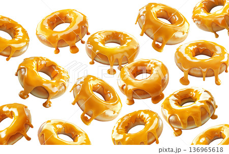Multiple caramel glazed donuts with shiny topping arranged in seamless pattern and isolated on white background 136965618
