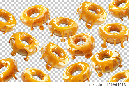 Multiple caramel glazed donuts with shiny topping arranged in seamless pattern and isolated on white background 136965618