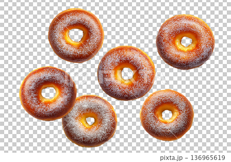 Multiple golden brown glazed donuts with powdered sugar isolated on white background. Concept of sweet treats 136965619