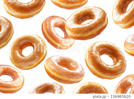 Five shiny glazed donuts floating isolated on white background, concept of sweet food and dessert temptation 136965620