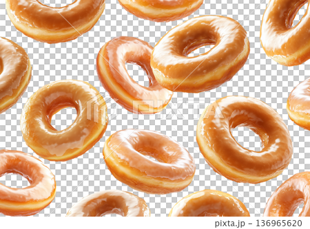 Five shiny glazed donuts floating isolated on white background, concept of sweet food and dessert temptation 136965620